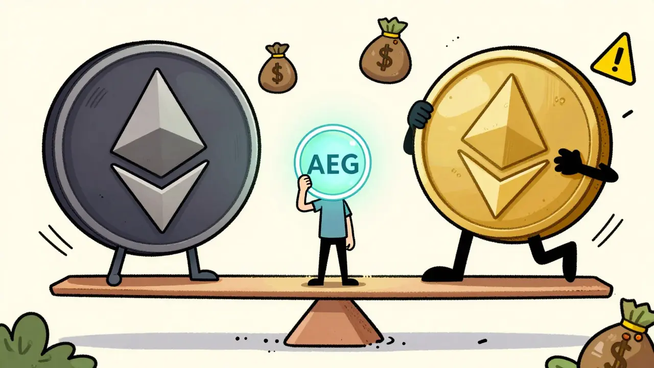 Character balancing on a beam between blockchain networks with crypto tokens
