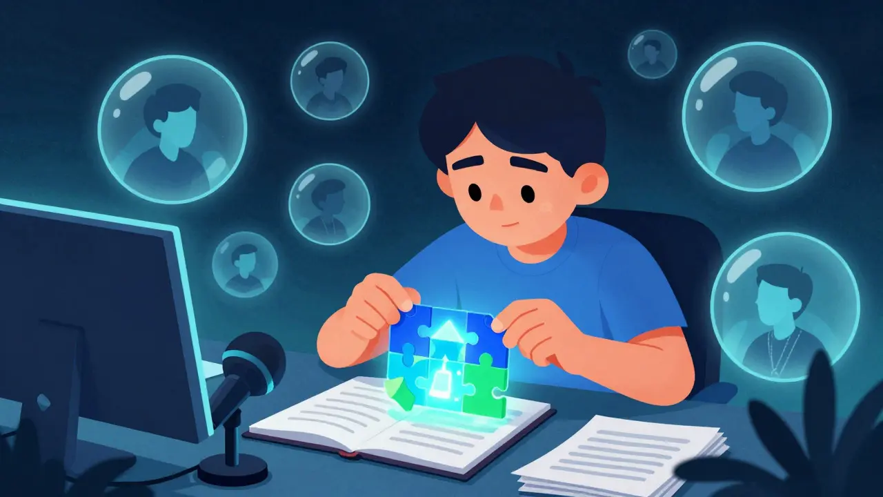 Character building an NFT puzzle at a desk surrounded by digital bubbles