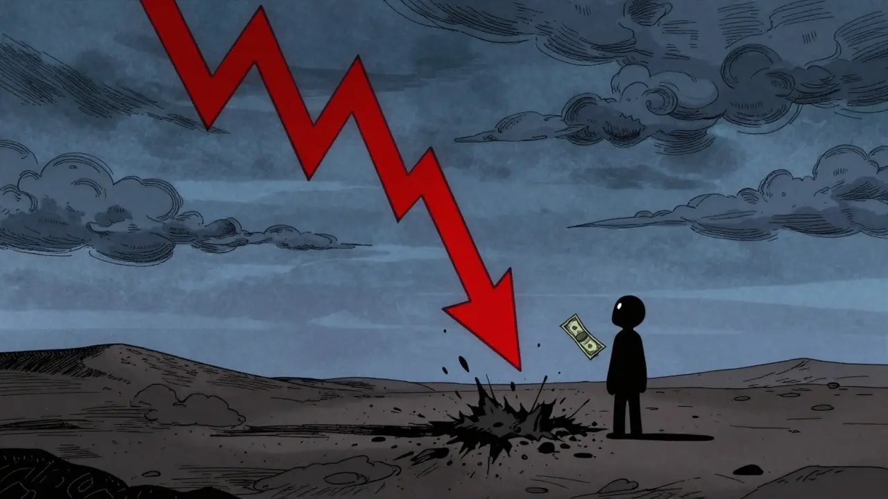 Dark illustration of a price graph crashing down into ash with a lonely figure