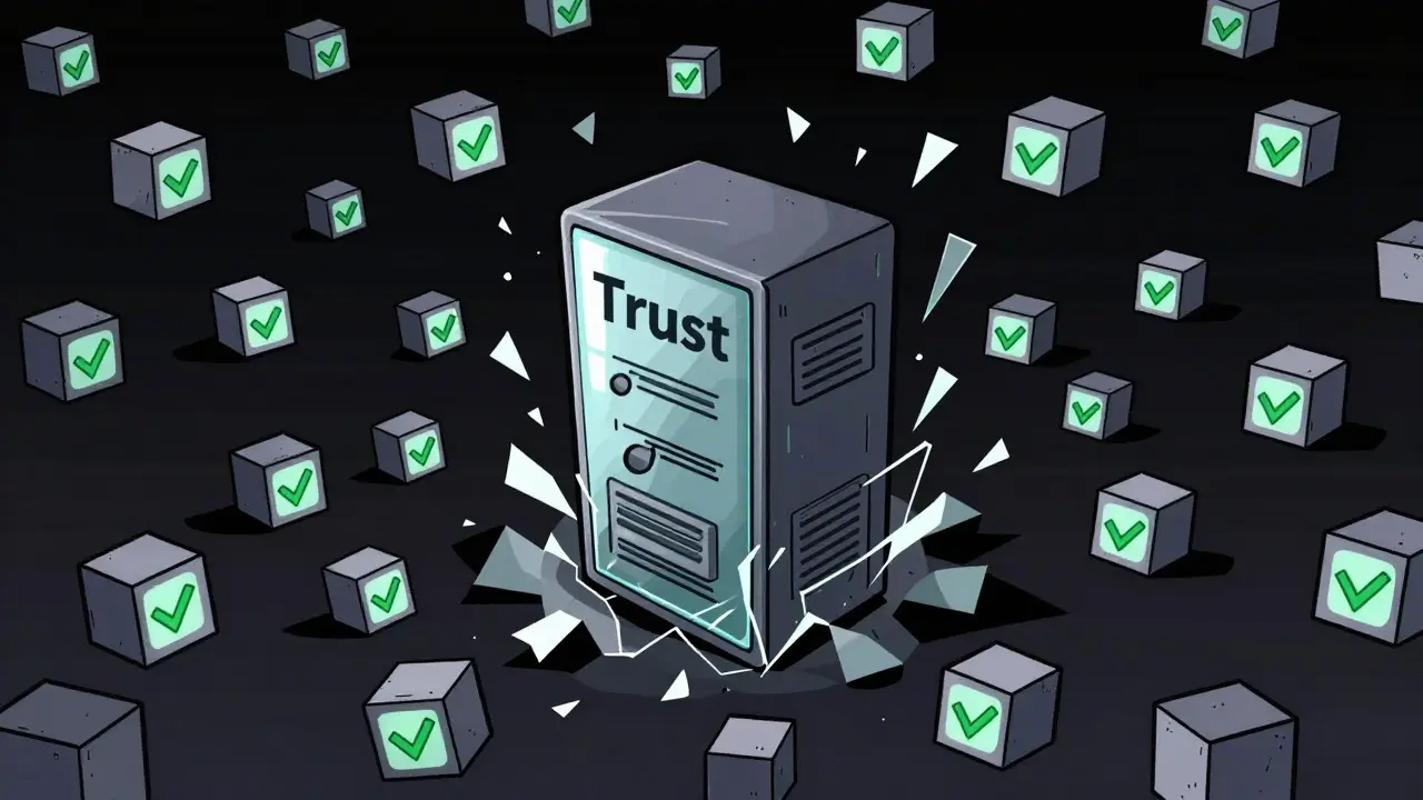 Decentralized blockchain nodes replace fragile central server in dark void.