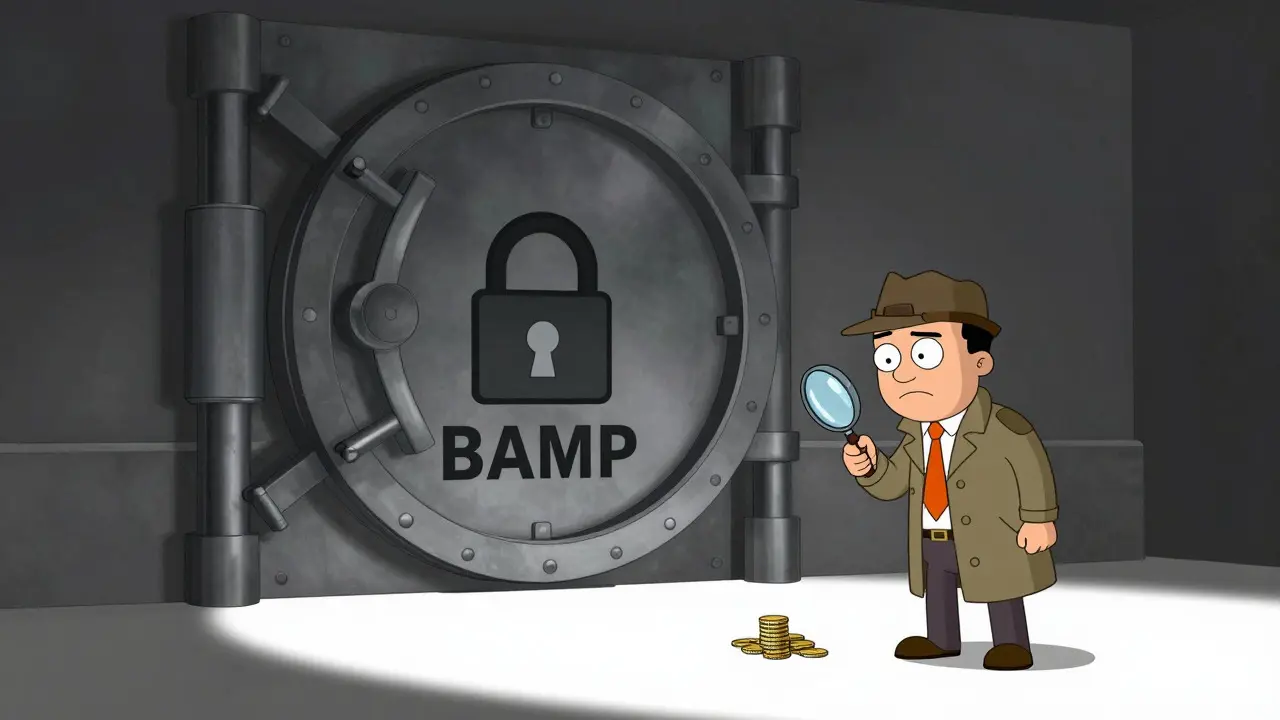 Detective examining tiny coin pile next to massive locked vault door