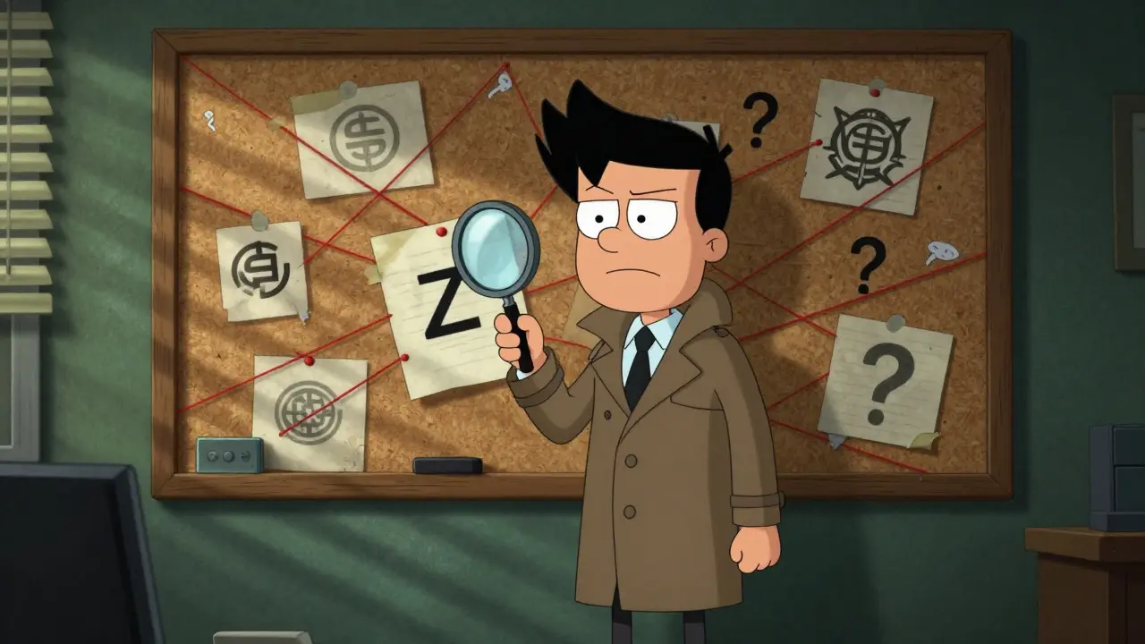 Detective investigating a corkboard with red strings and a mysterious Z note