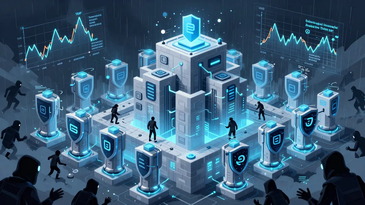 Digital fortress of smart contracts and oracles defending against glitching hacker monsters.