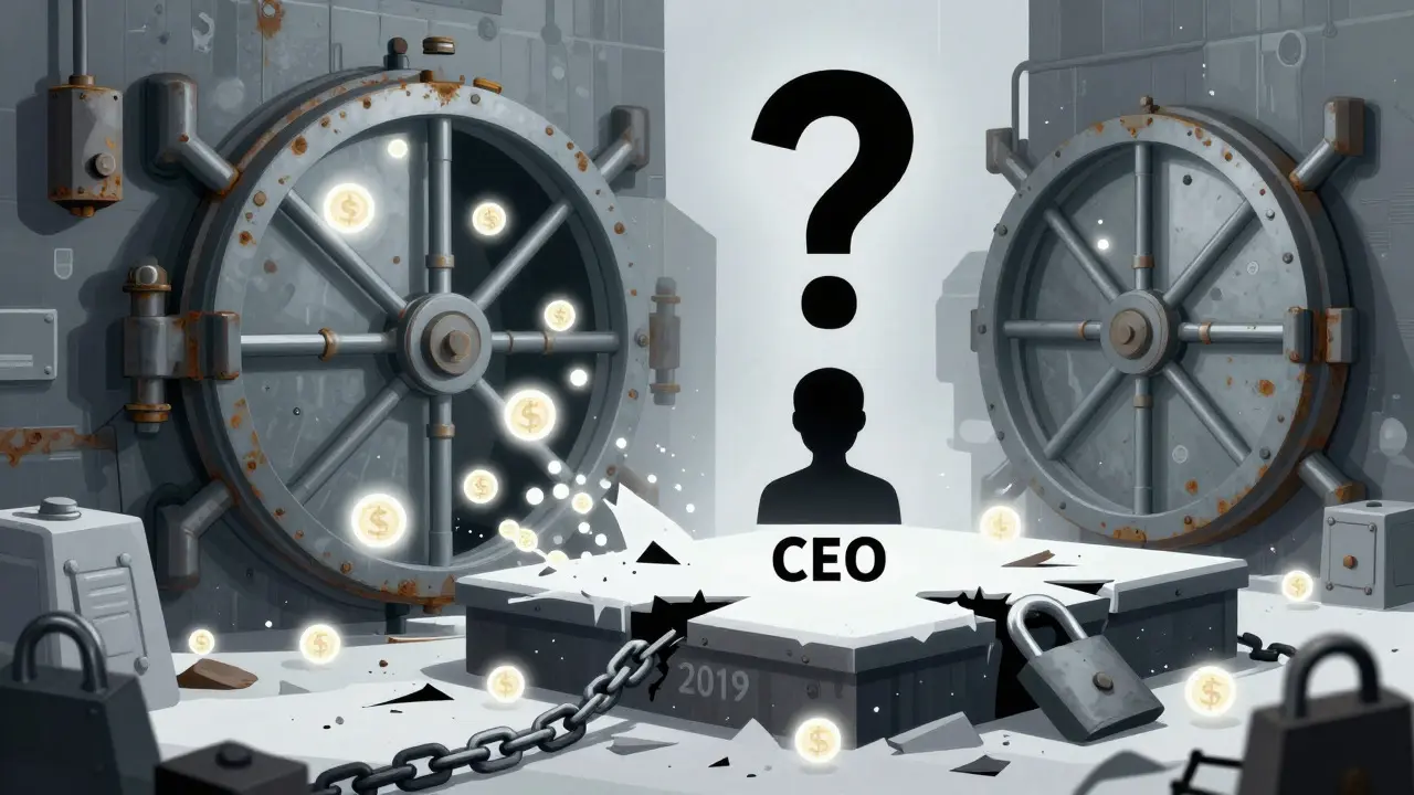 Frozen digital vaults trapping user funds with a missing CEO silhouette in background
