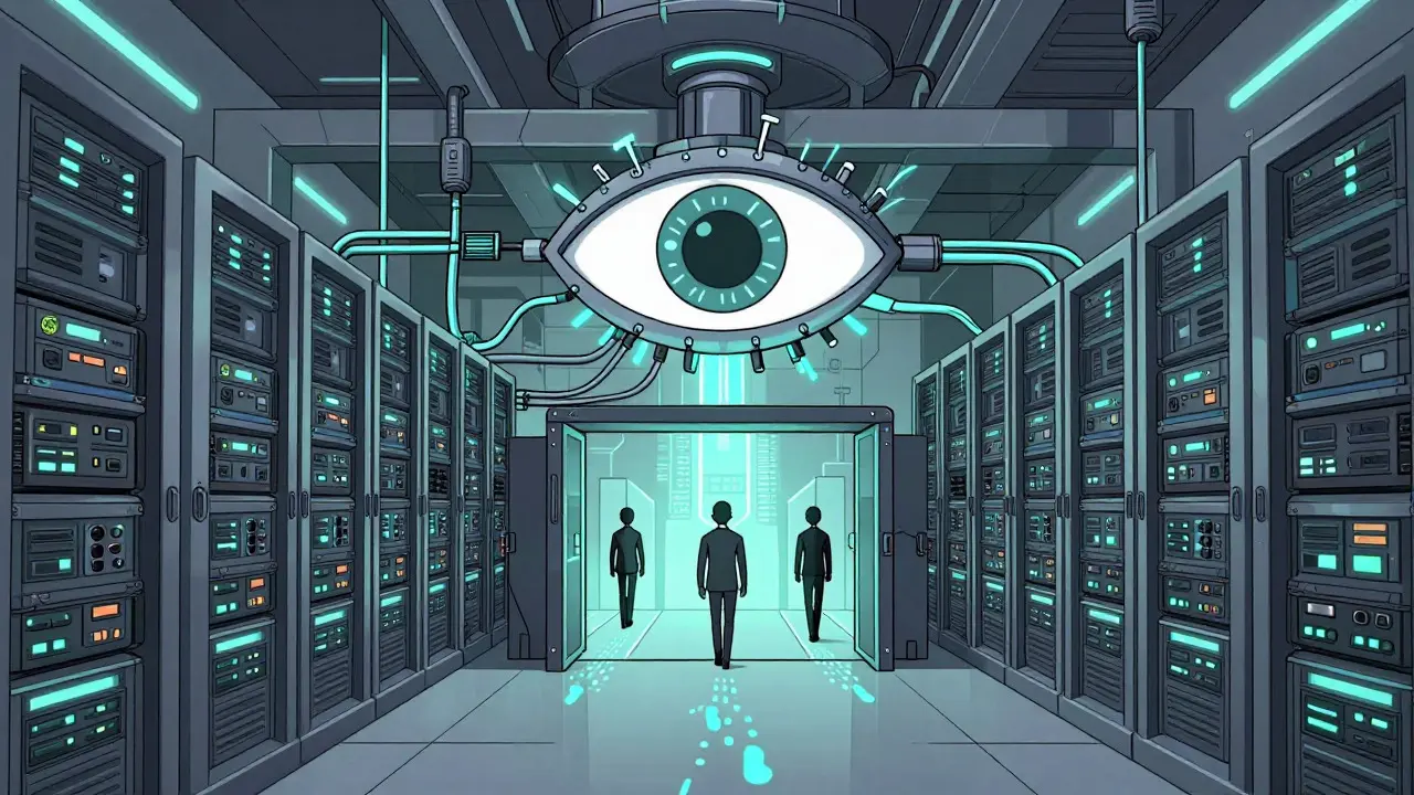 Futuristic data center with an eye scanner monitoring people walking through, representing tax data sharing