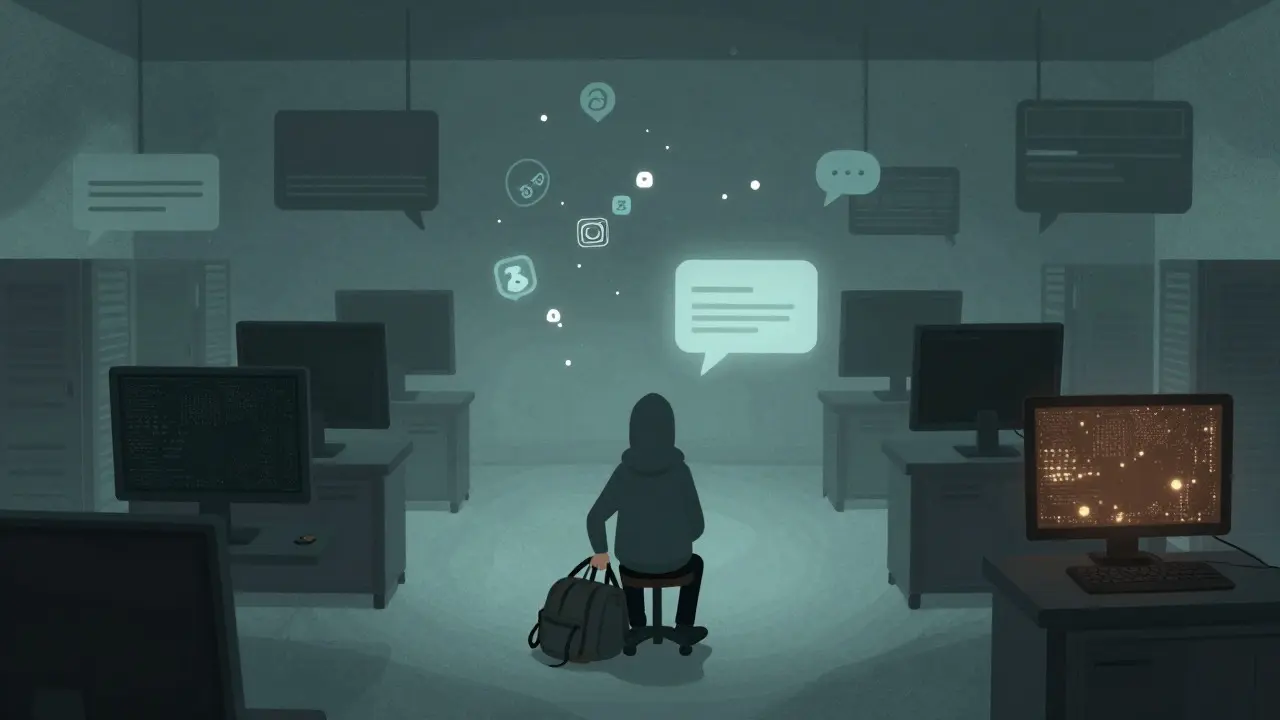 Gloomy cartoon of an abandoned digital space with a developer leaving
