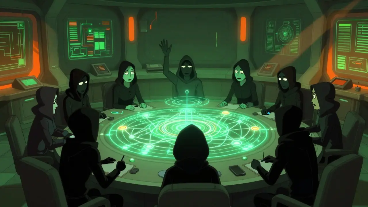 Hooded figures voting around a holographic governance network