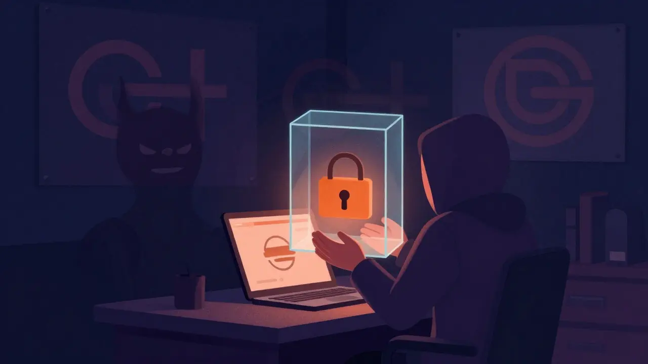 Hooded trader holding secure digital wallet, highlighting non-custodial DeFi safety.