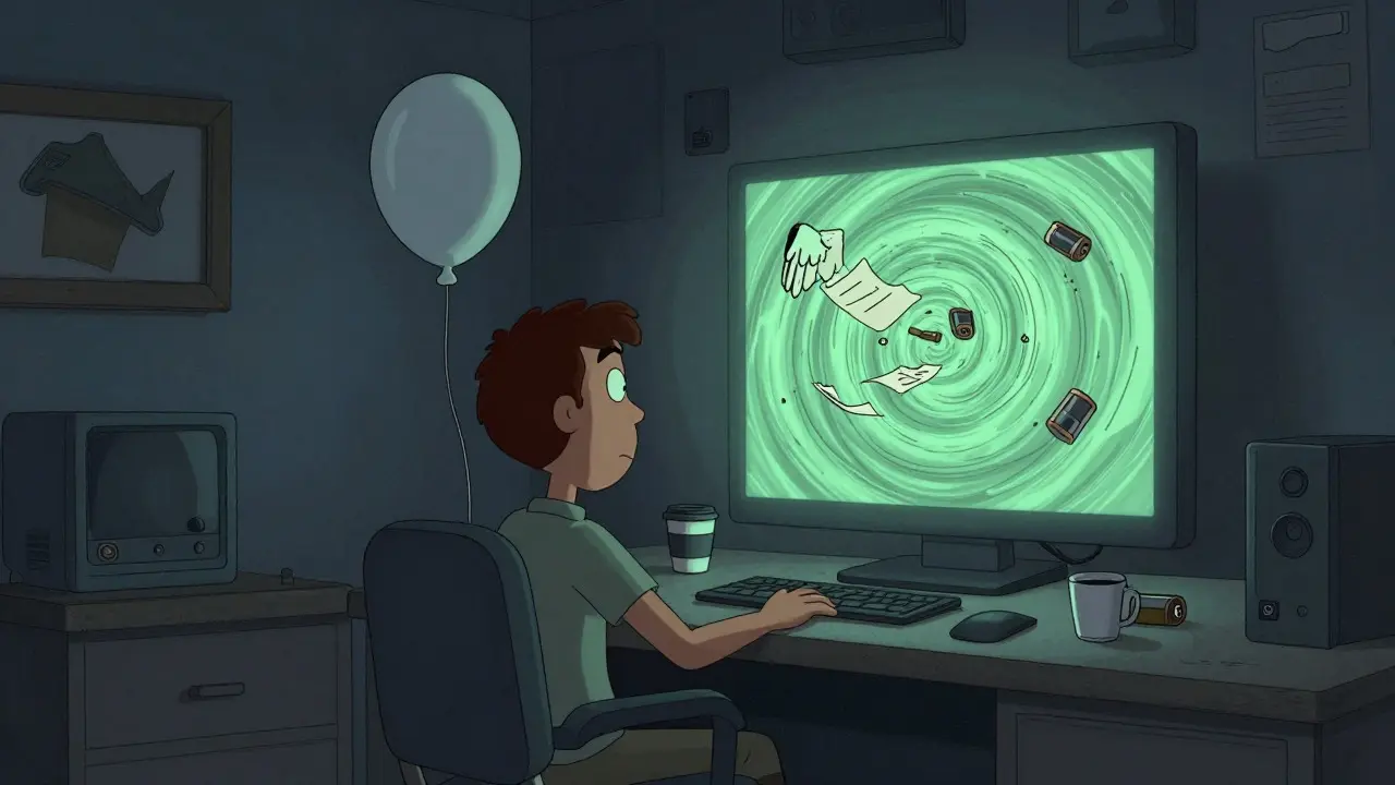 Lone figure staring at a swirling vortex instead of a screen, holding a deflated balloon