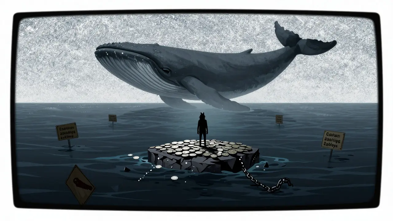 Lone wolf on a coin island in a dark ocean, symbolizing low liquidity