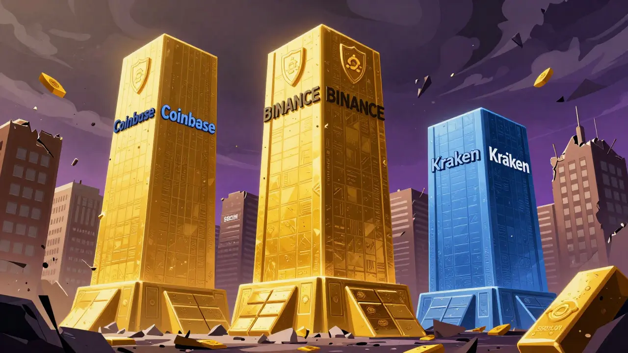 Major crypto exchanges towering over crumbling defunct platforms