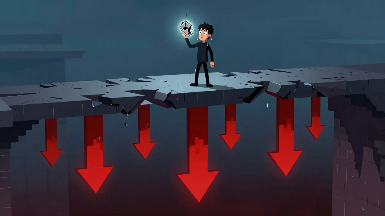 Nervous trader on crumbling digital bridge