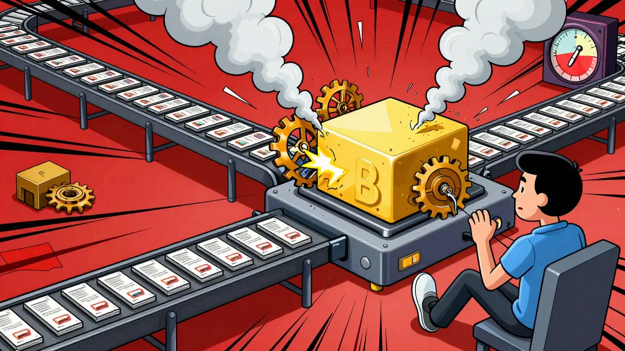 Overloaded processor struggling to compress blockchain transactions on a conveyor