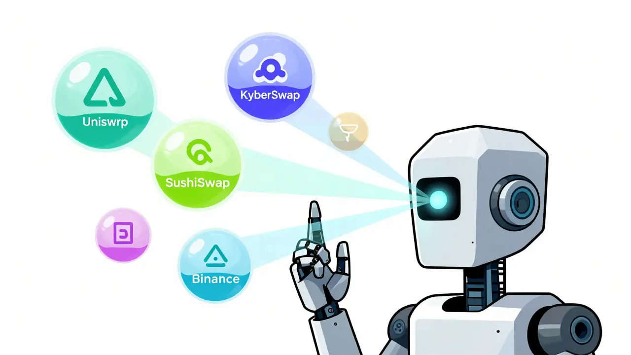 Robot scanning multiple liquidity pools, illustrating KyberSwap's aggregation technology.