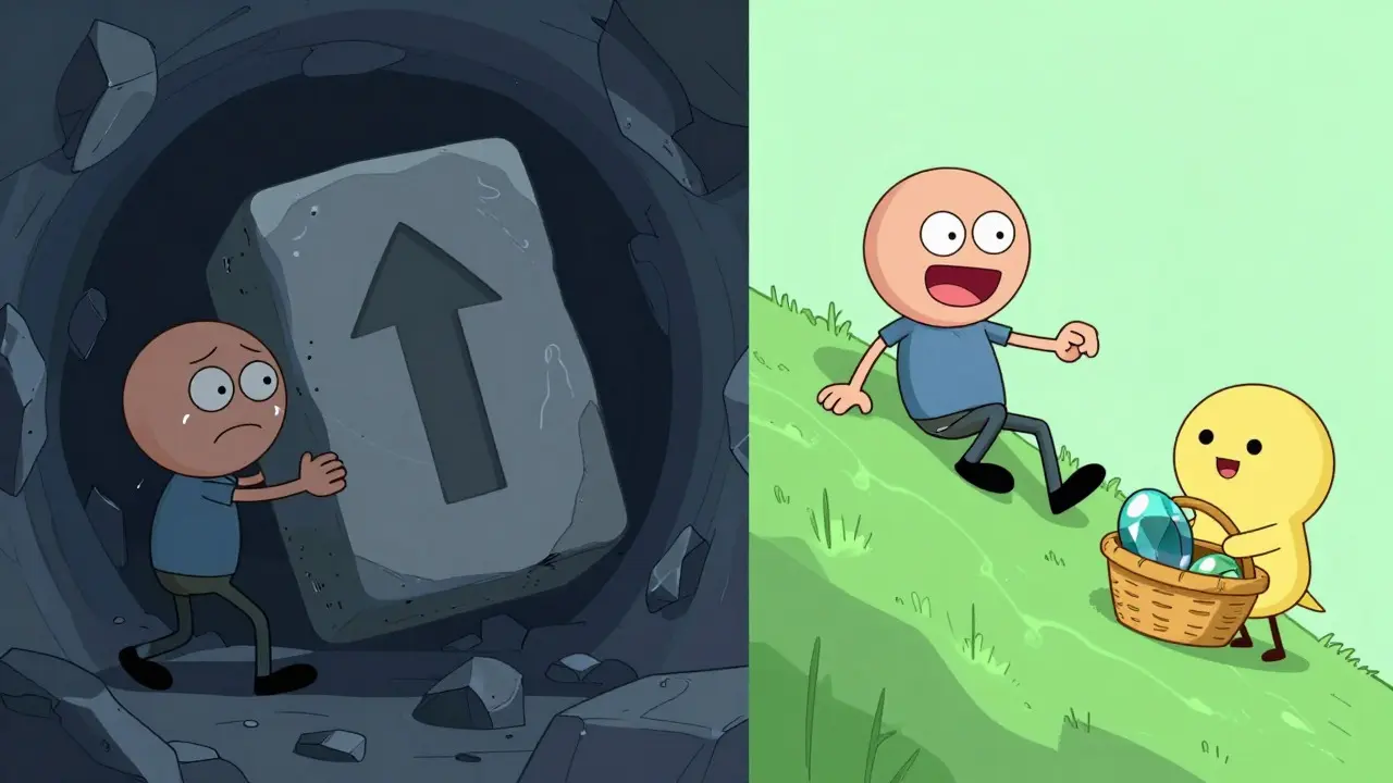 Split screen showing a character struggling with a heavy rock versus easily sliding a gem into a basket.