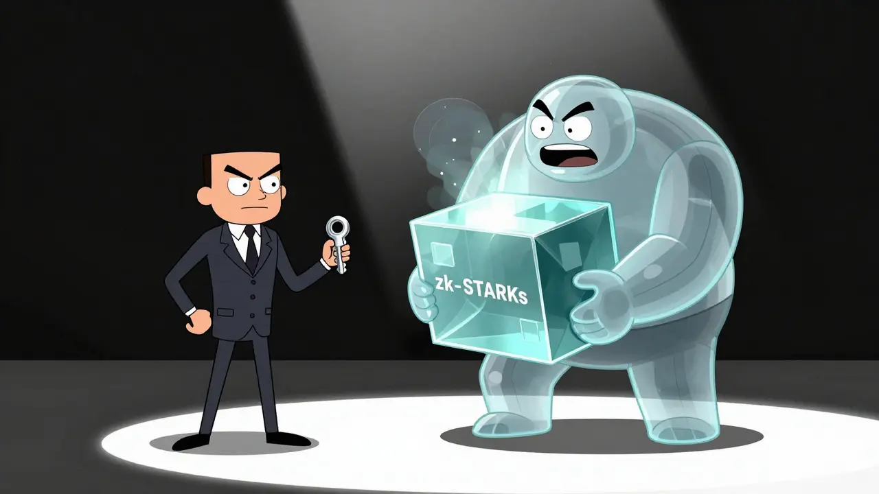 Split view of a compact SNARK character vs a bulky STARK character