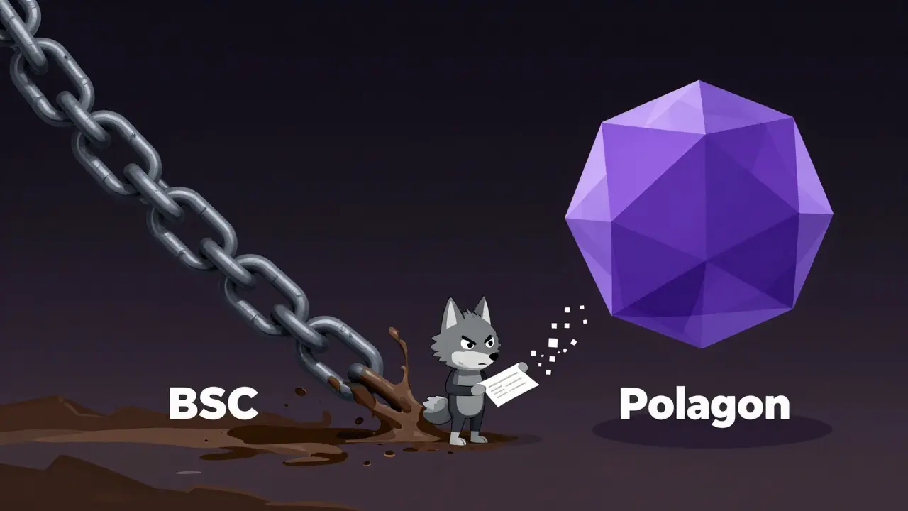 Split view of BSC and Polygon blockchains with a confused wolf avatar