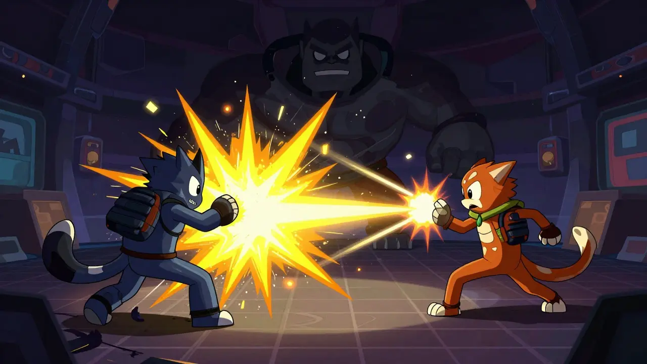 Stylized cartoon animals fighting in a digital arena with abstract effects