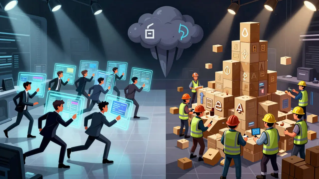 Stylized scene contrasting agile traders with infrastructure builders in a crypto setting