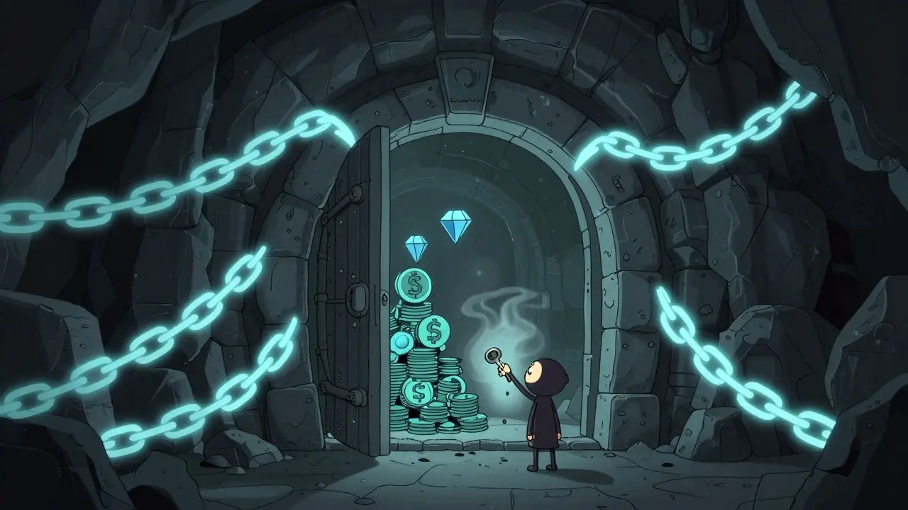 Surreal cartoon of a sealed vault containing locked digital assets