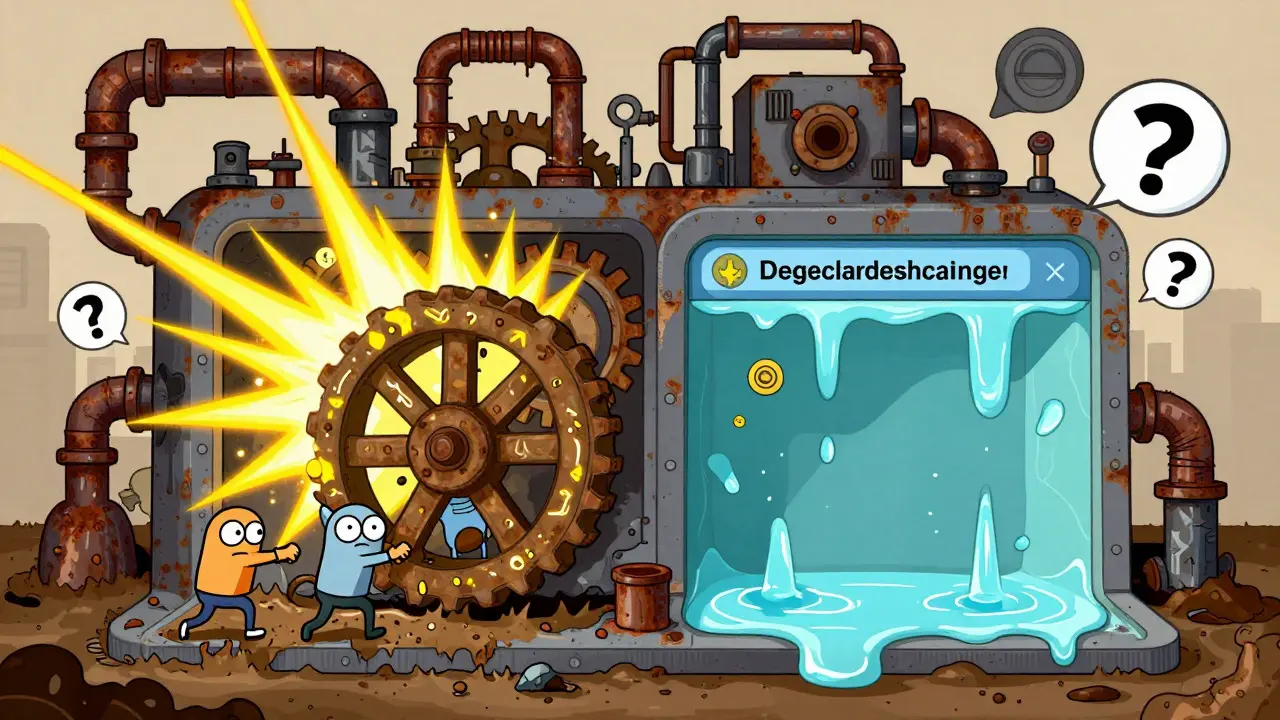 Surreal illustration of a broken DeFi machine with struggling characters