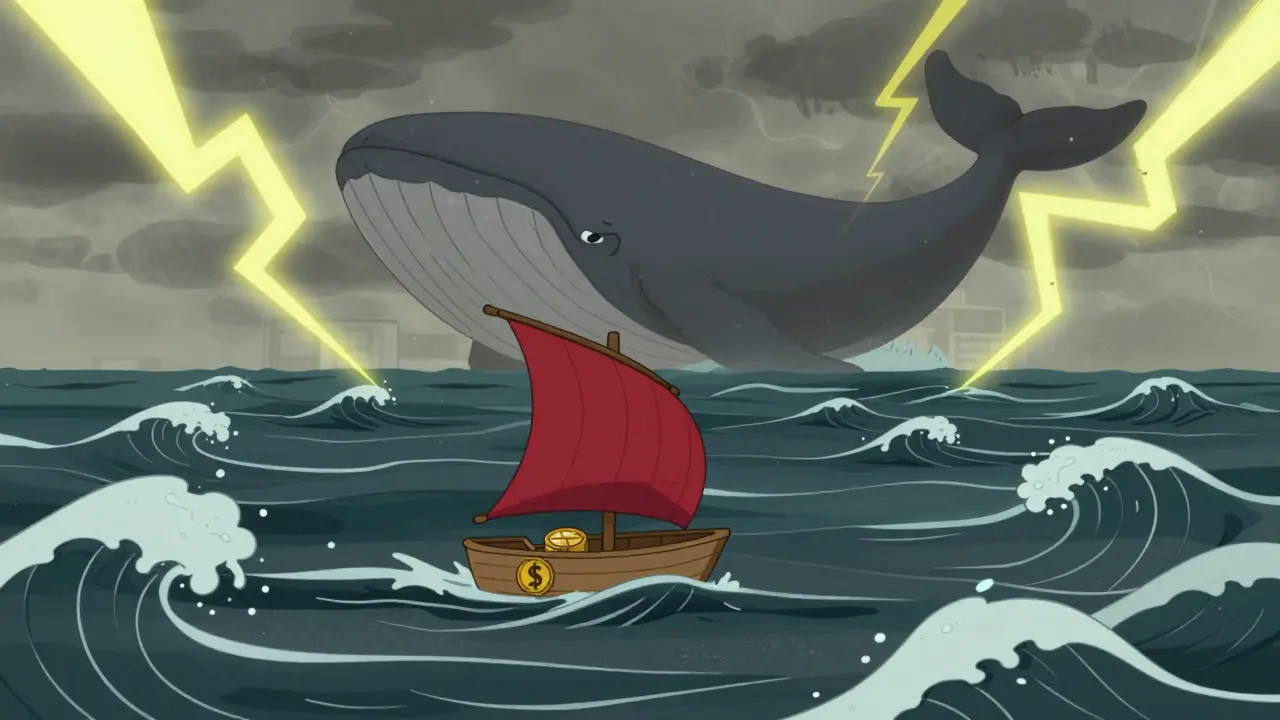 Tiny boat navigating turbulent waters under the shadow of a giant whale