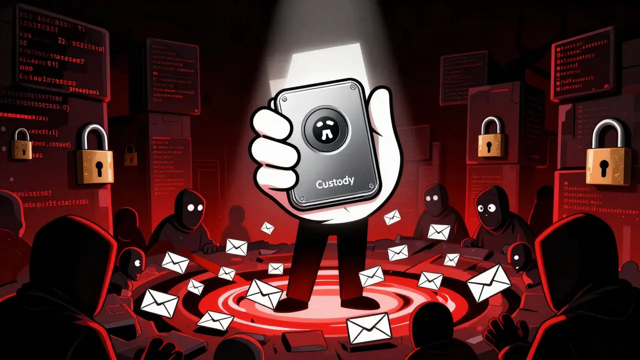 User holding a hardware wallet securely above a pit of hackers