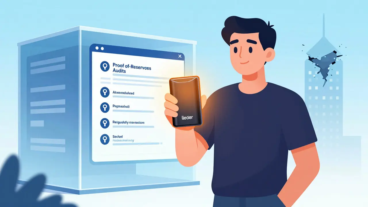 User holding glowing hardware wallet near secure exchange, with crumbling old tower