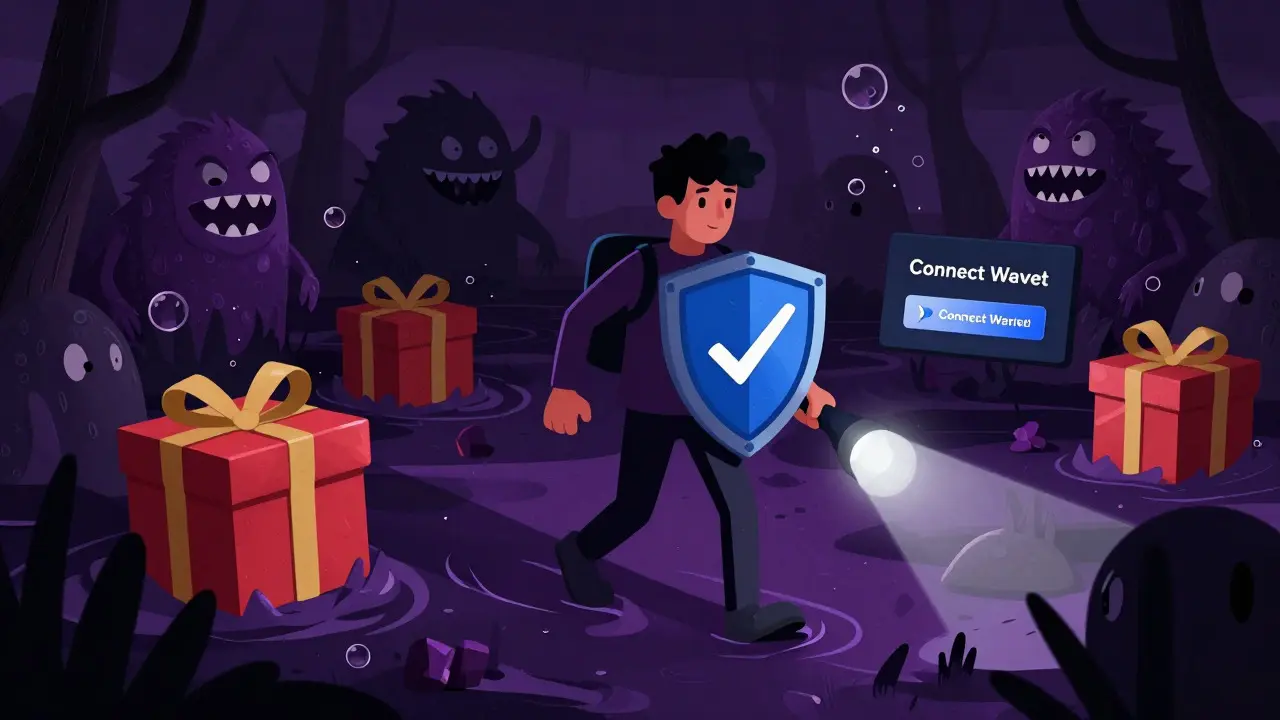 User shielding self from scam monsters in a dark digital swamp