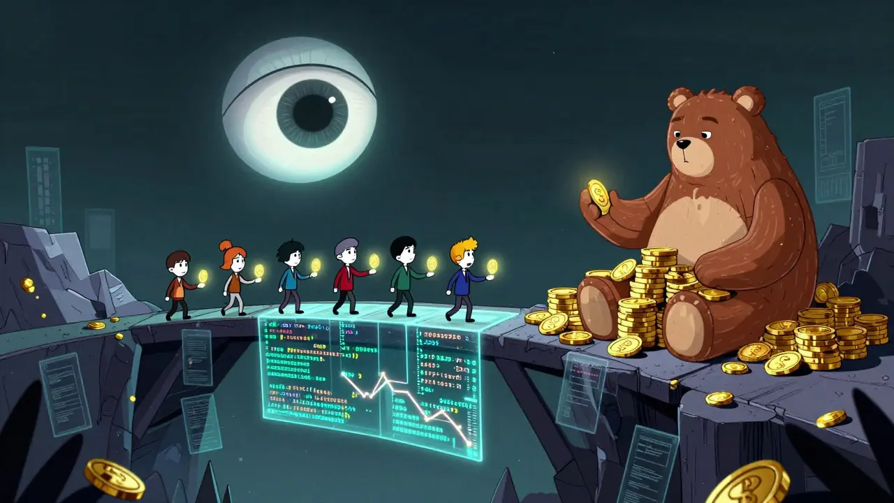 Users exchanging tokens with robotic underwriters on a code bridge.