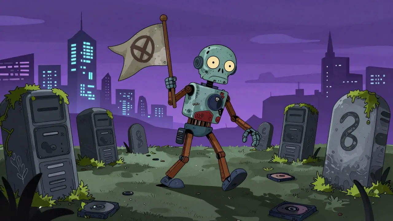 Zombie robot wandering a graveyard of old tech servers