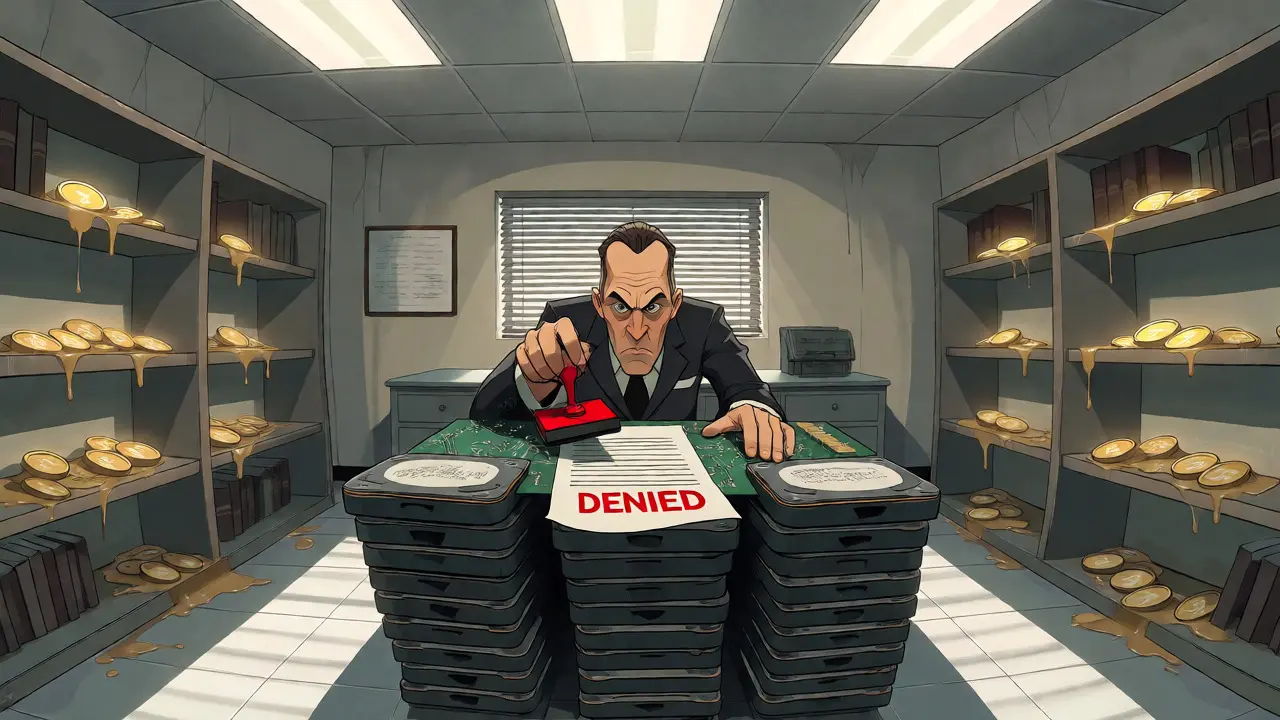A bureaucrat denying a permit stamped onto a circuit board in a surreal office.