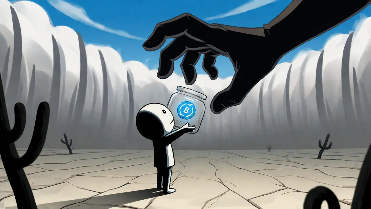 A lone investor holding a token in a vast, foggy desert representing low liquidity.