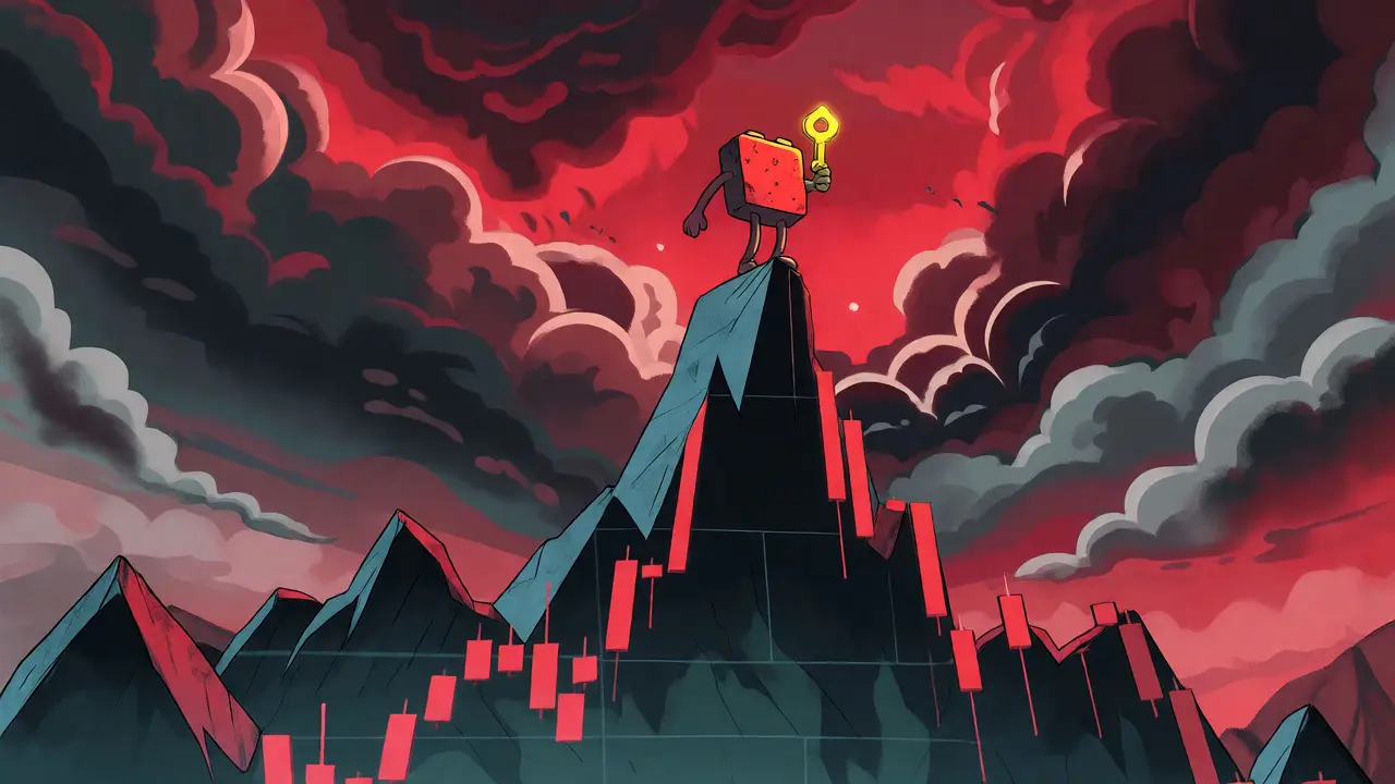 A small brick character standing on a volatile price chart mountain peak.