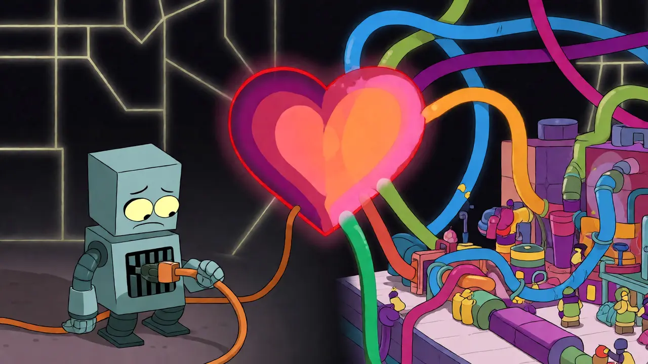 A small robot getting little power while a busy factory takes most of the energy.