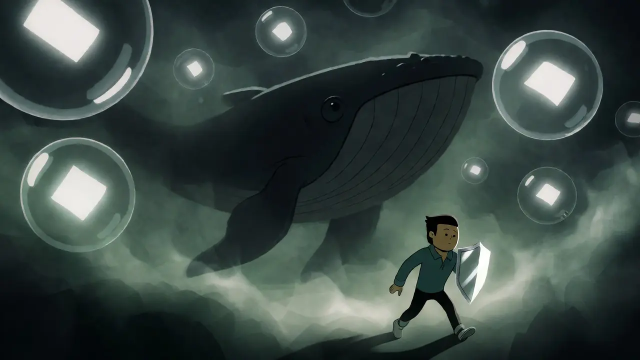 A trader protected by encryption bubbles in a foggy, private mempool void.