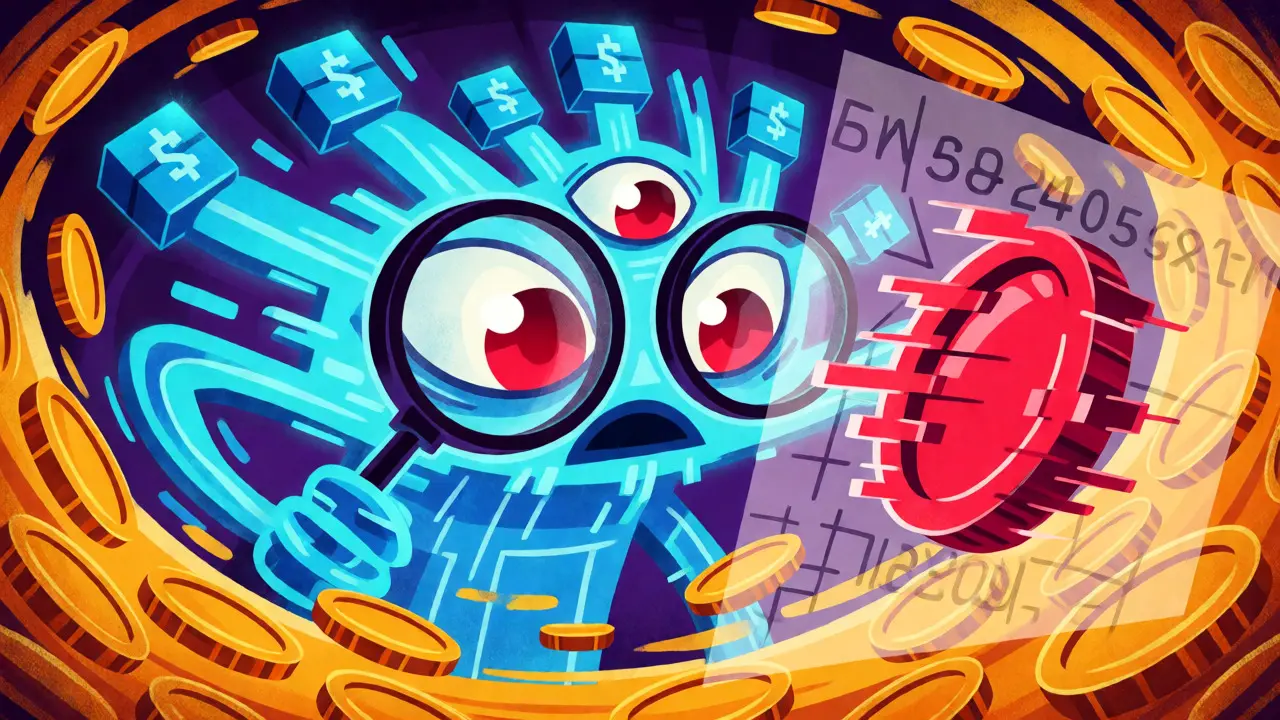 Abstract digital monster scanning a vortex of crypto coins for suspicious transactions.