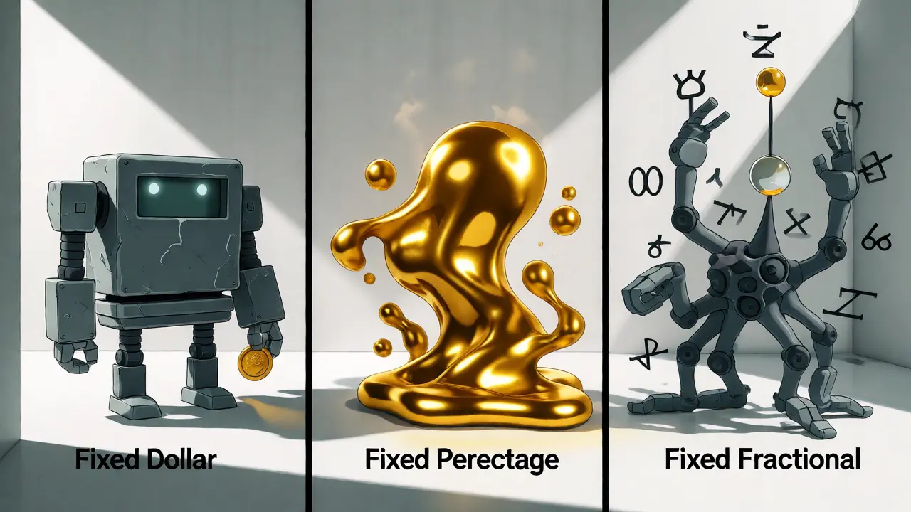 Abstract illustration comparing three position sizing strategies.