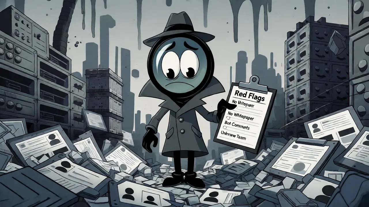 Anthropomorphic magnifying glass investigating red flags in a digital landscape.