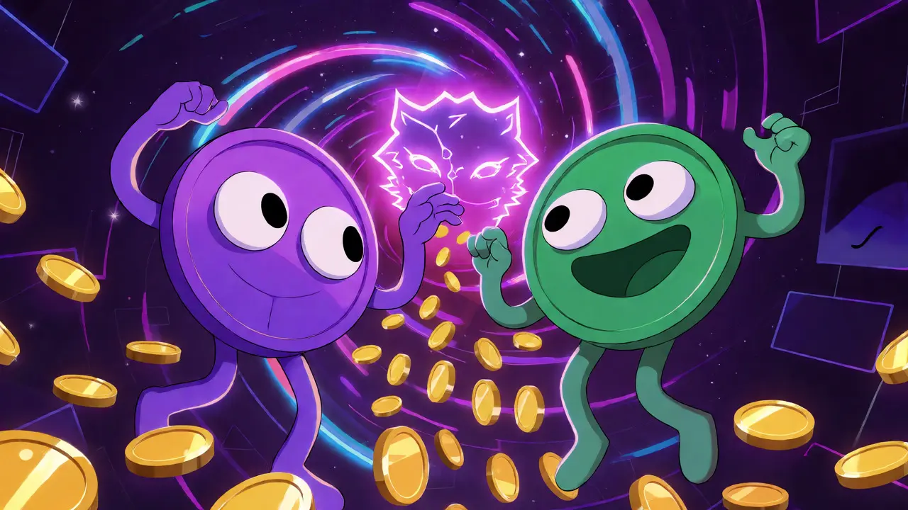 Anthropomorphic tokens dancing in a neon liquidity pool vortex