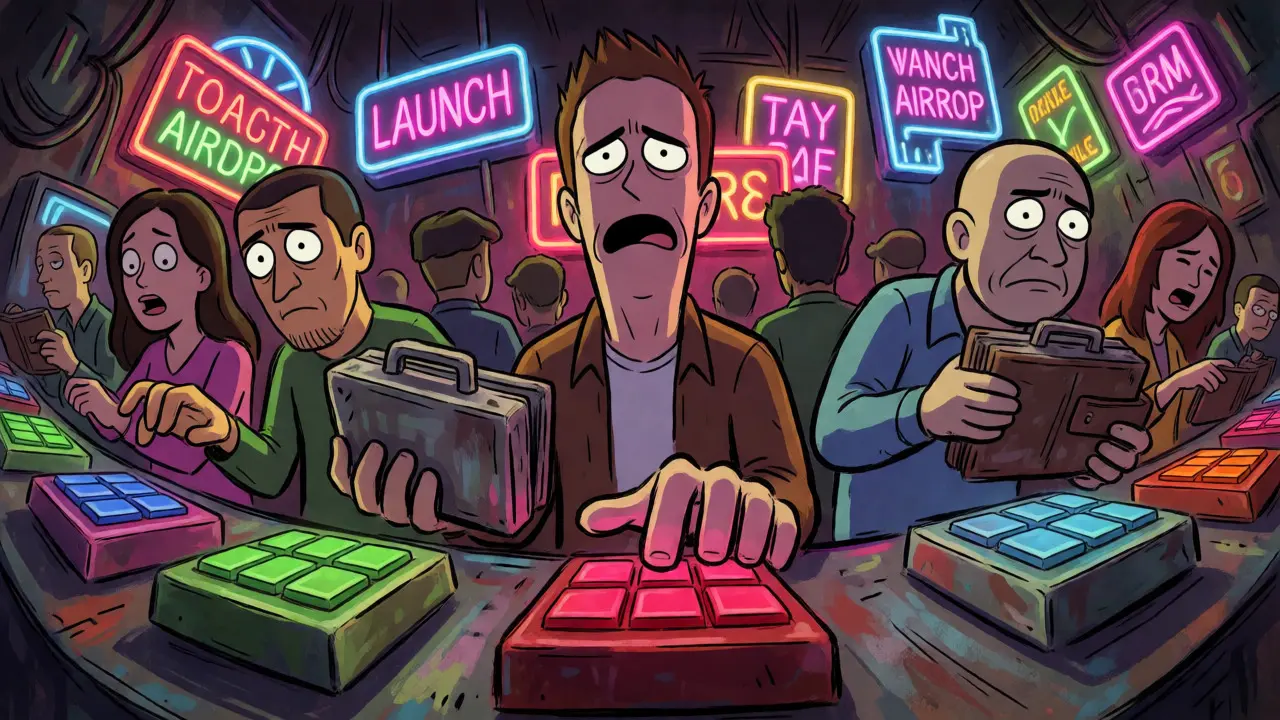 Anxious cartoon characters frantically participating in a chaotic crypto launch.