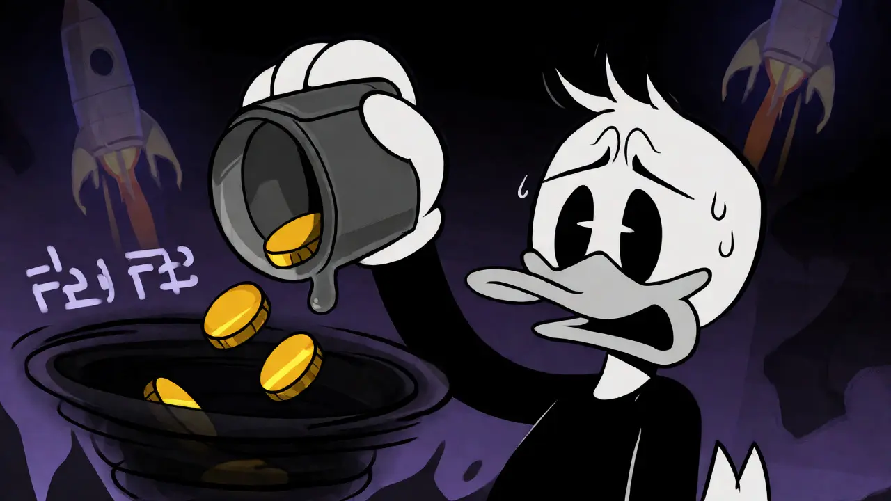 Anxious character watching coins drain from a leaking wallet into a dark vortex.