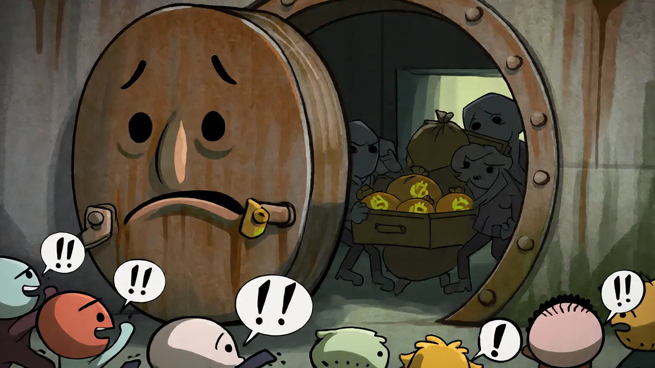 Cartoon depicting scammers fleeing a closed vault while users lock them out