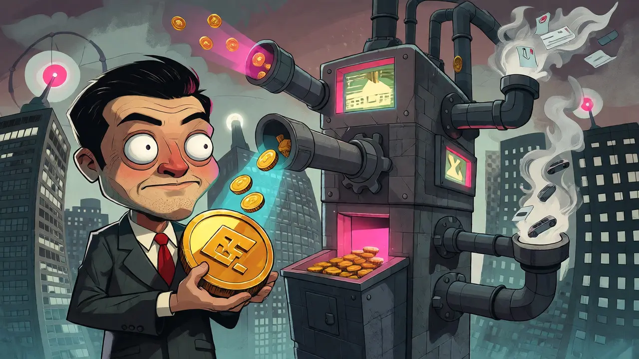 Character feeding tokens into a machine producing rewards and corporate partnerships