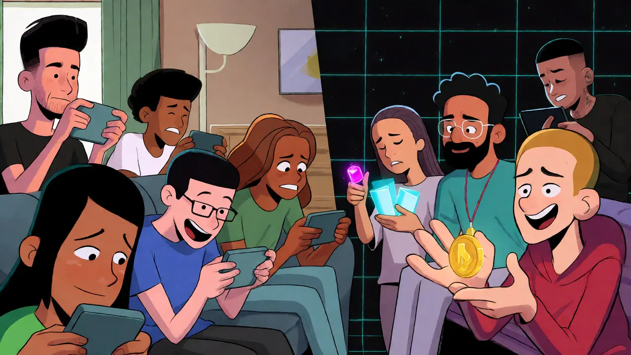 Characters bridging casual gaming and blockchain ownership in a split reality.