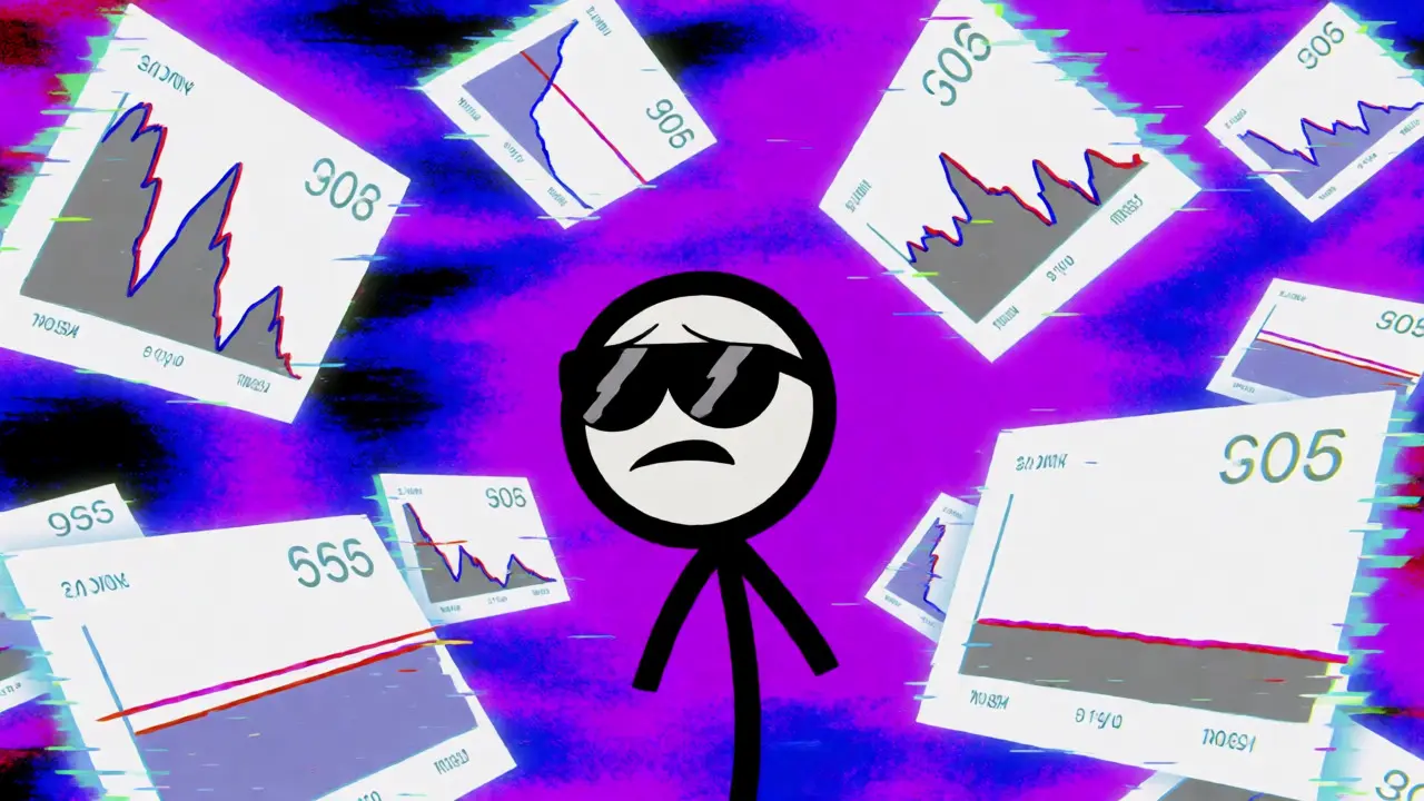 Confused investor surrounded by glitching holographic price charts