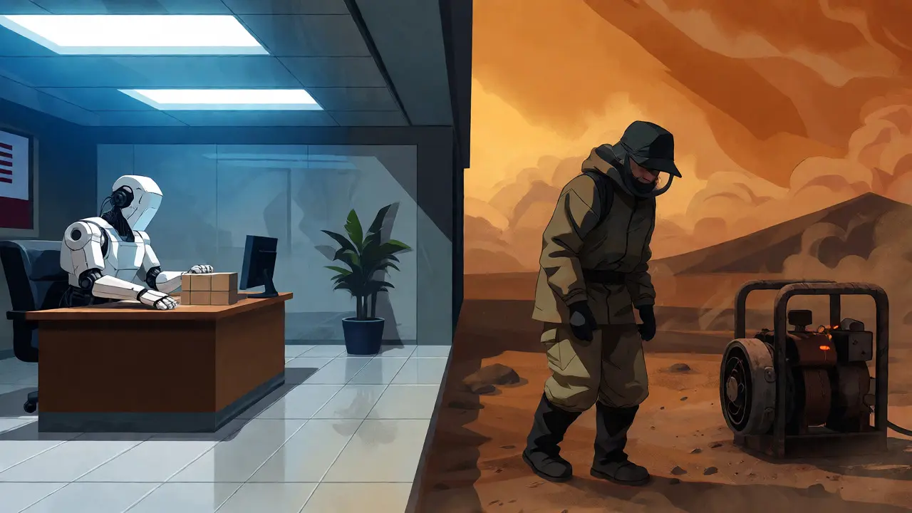 Contrast between a sleek Texas corporate mine and a rugged, dusty Kazakh operation.