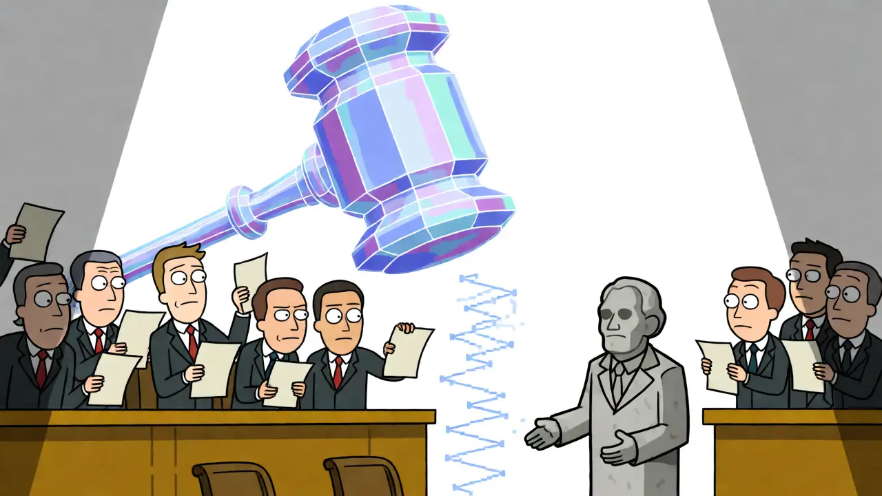 Crystal gavel over courtroom where papers turn to pixels and DAOs shake hands