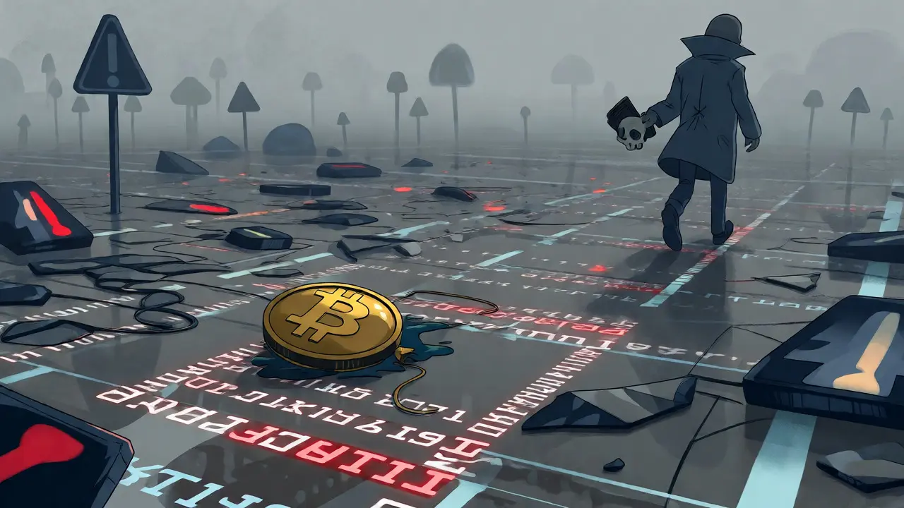 Desolate cartoon landscape with deflated coin and walking shadow figure