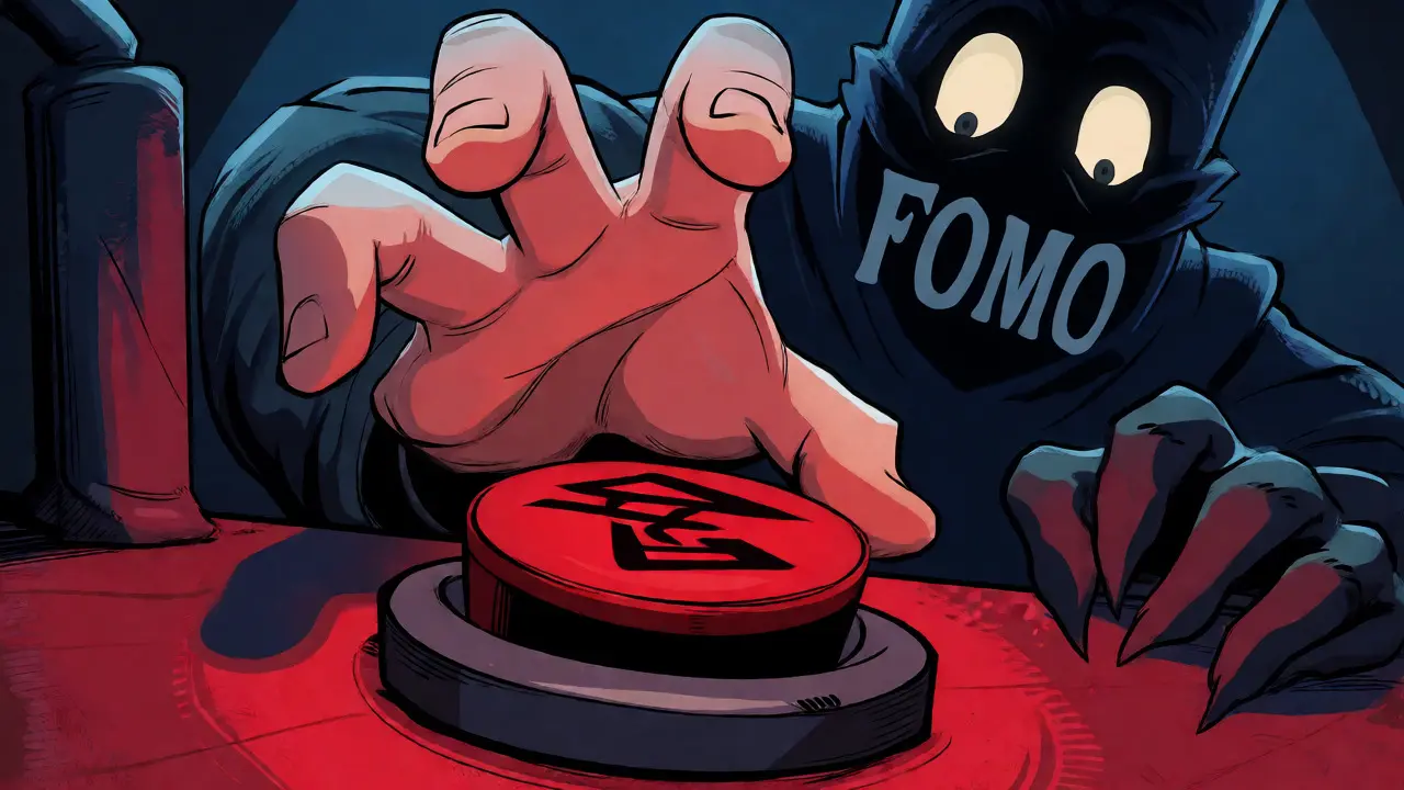 Dramatic cartoon of a trader pressing a button under FOMO pressure.